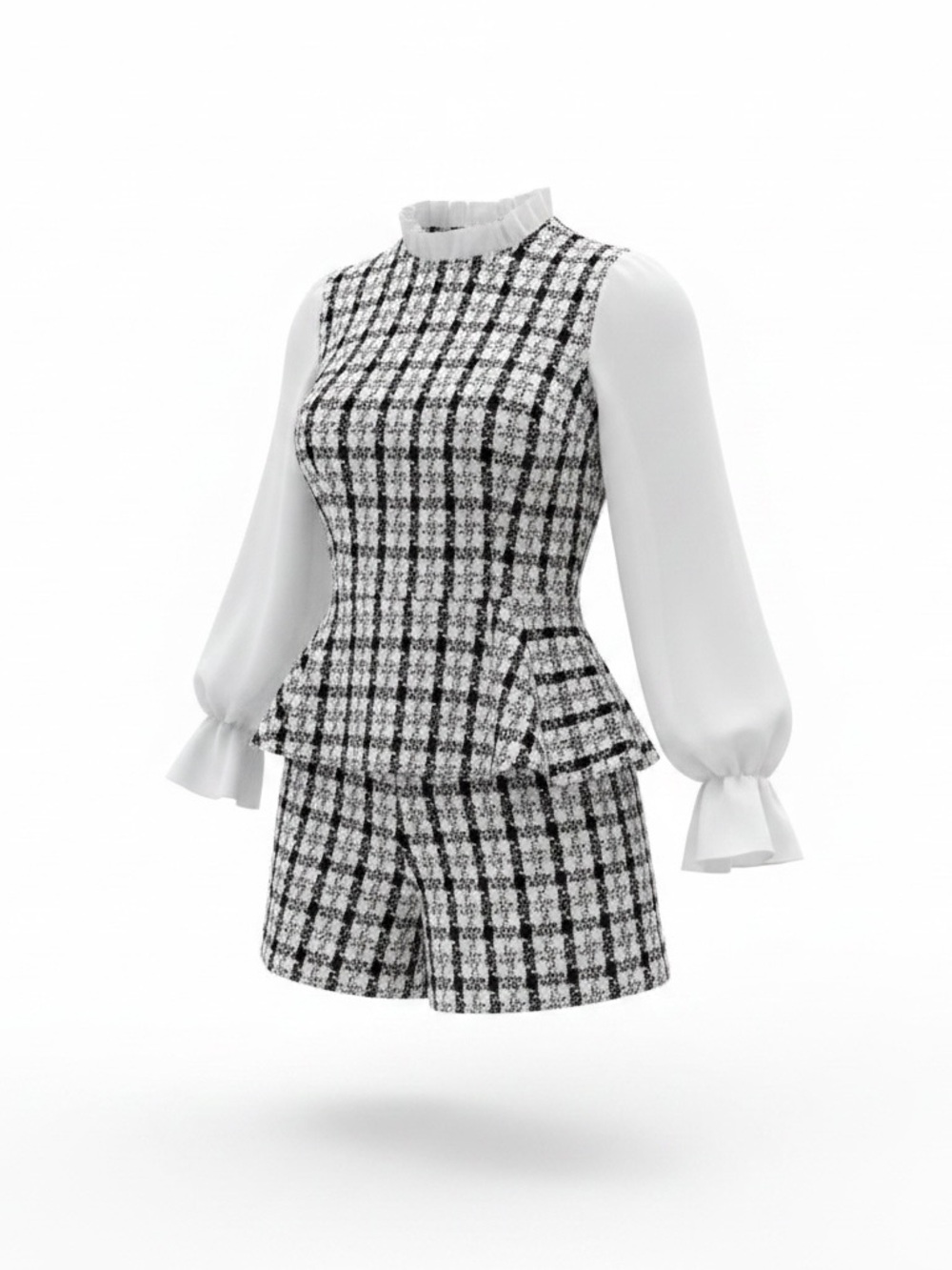 SHEIN Black & White Tweed Peplum Romper with Sheer White Bishop Sleeves